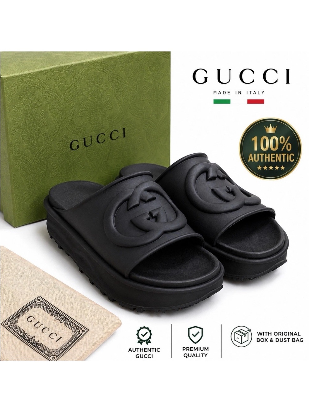 Gucci RUbber size 38Black Platform Interlocking GG Slide Sandals